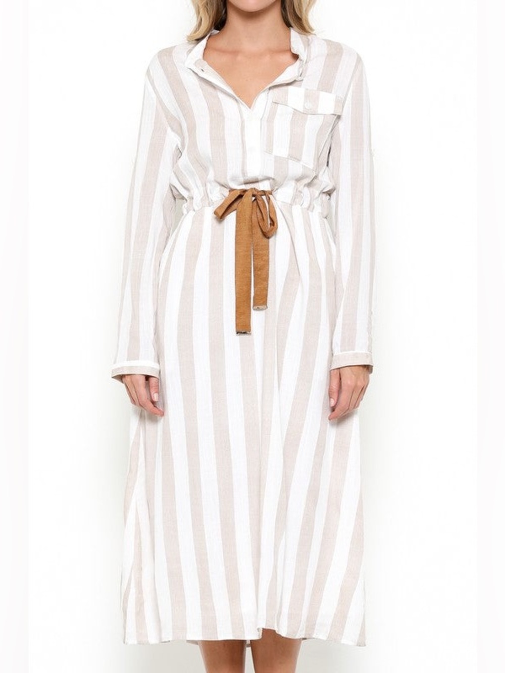 Antoinette Beige Striped White Shirt Dress